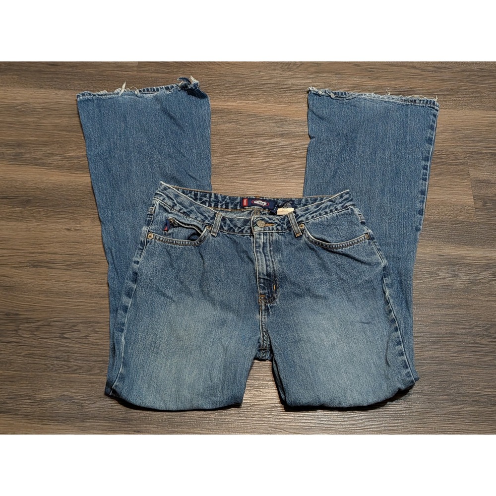 Bongo Vintage 90s Y2K Flare Leg Blue Jeans Medium Wash Frayed Hem Size 7 Mens